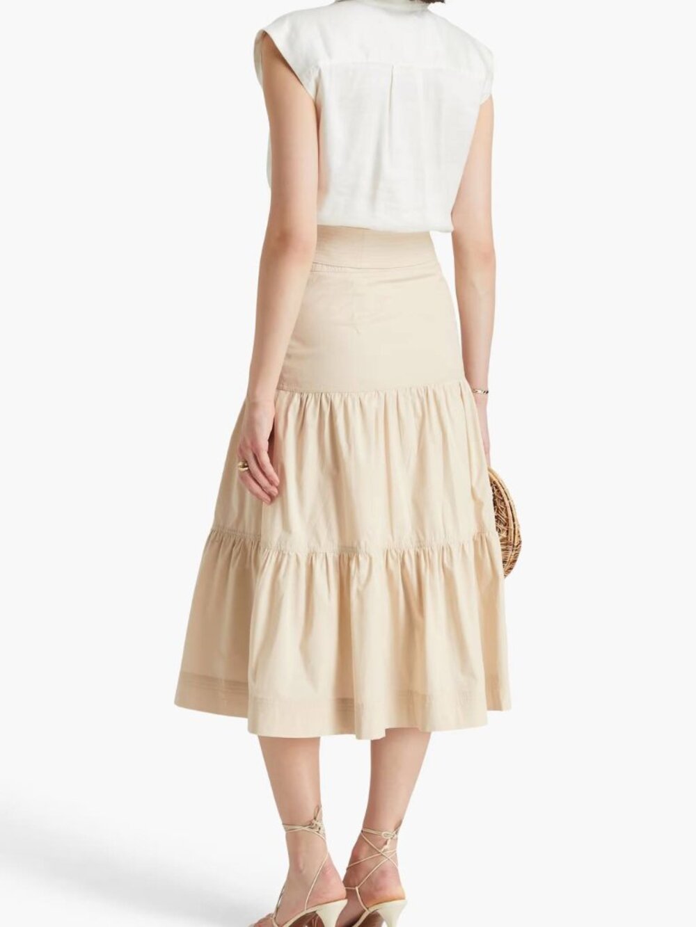 VERONICA BEARD Armida Tiered Belted Poplin Midi Skirt Pima Cotton Beige - Picture 5 of 16